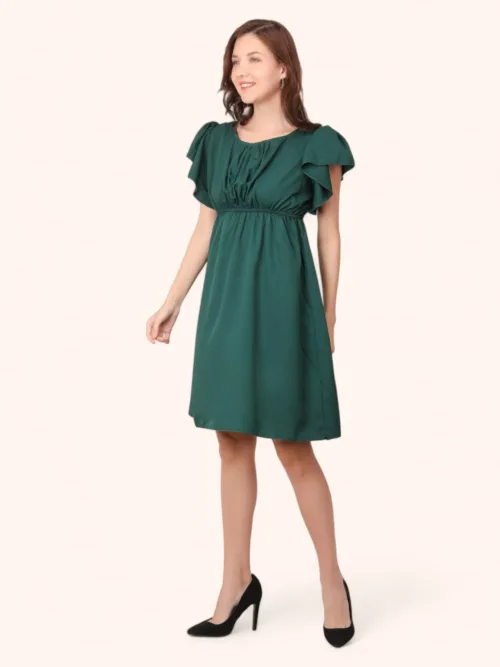 Cotton Blended Women Short Dress - Green