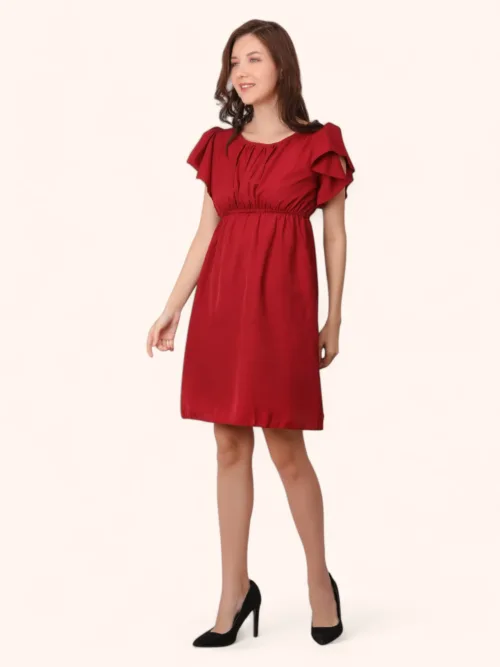 Cotton Blended Women Short Dress - Maroon