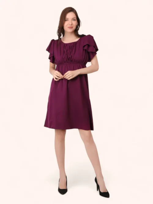 Cotton Blended Women Short Dress - Red Wine