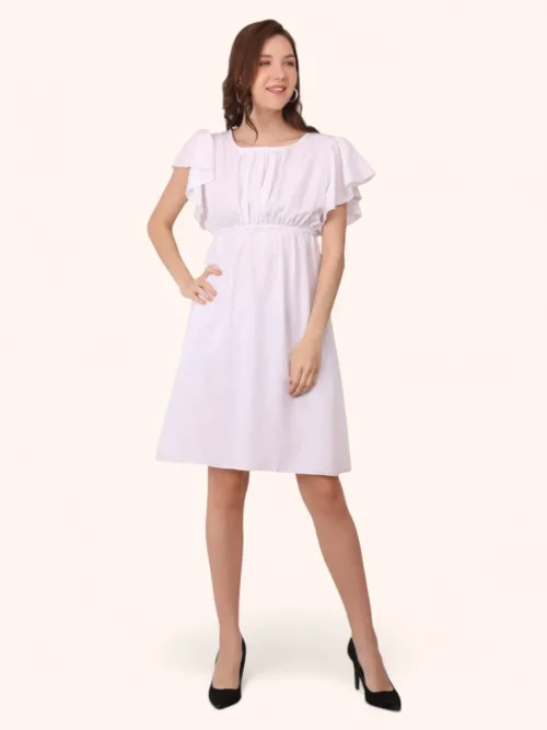 Cotton Blended Women Short Dress - White