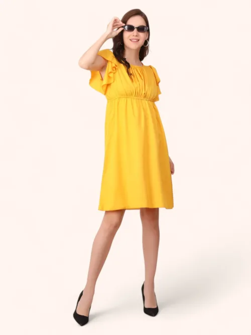 Cotton Blended Women Short Dress - Yellow