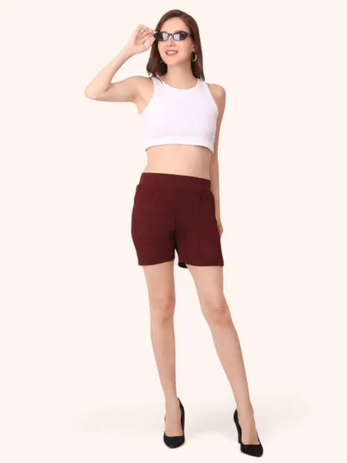 Women Cotton Dark Maroon Shorts