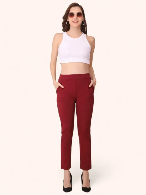 Women Cotton Maroon Trouser
